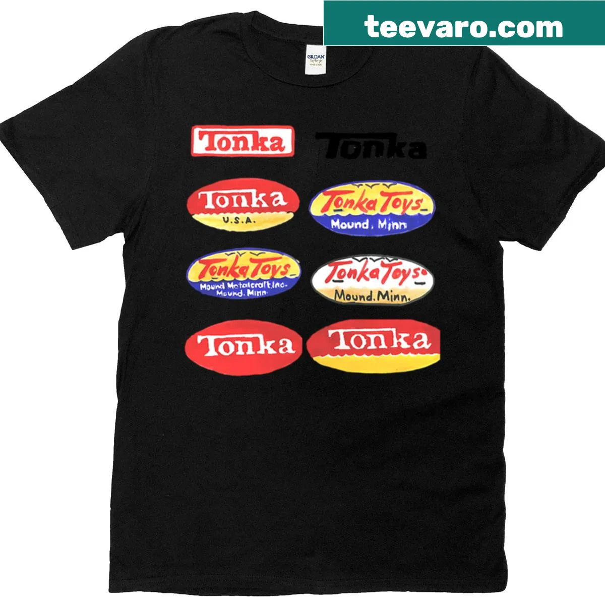 Illustrative T-shirt featuring Tonka truck logos and designs — on a men's t-shirt