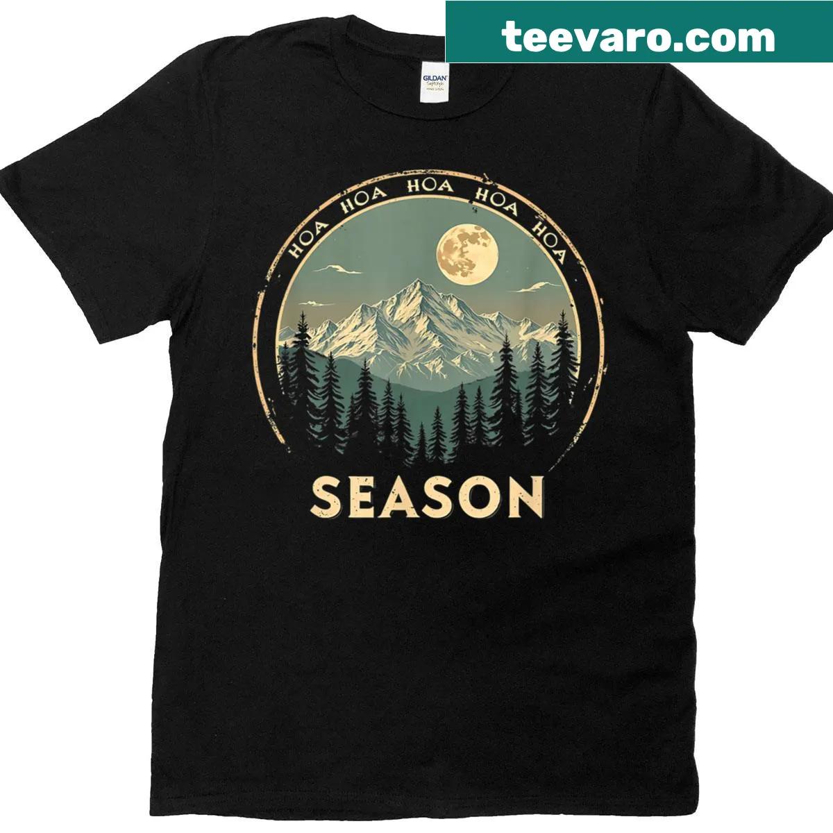 Illustrative T-shirt featuring a pine forest and twilight scene for nature lovers. — on a men's t-shirt