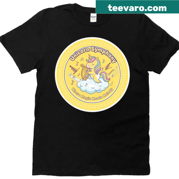 Charming illustration of unicorns playing music on a t-shirt.