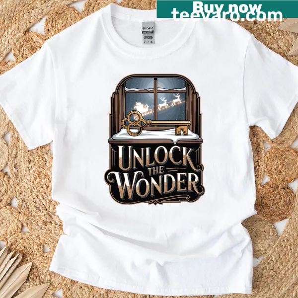 Inspirational typography 'Unlock The Wonder' on a T-shirt.