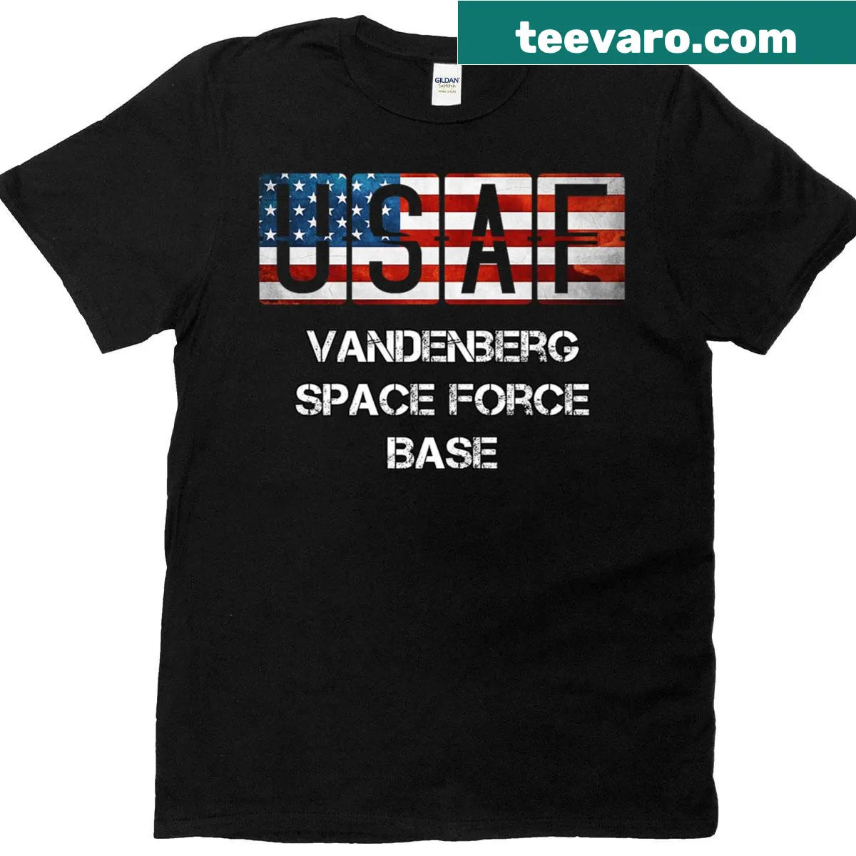 Distressed design Vandenberg Space Force Base t-shirt — on a men's t-shirt