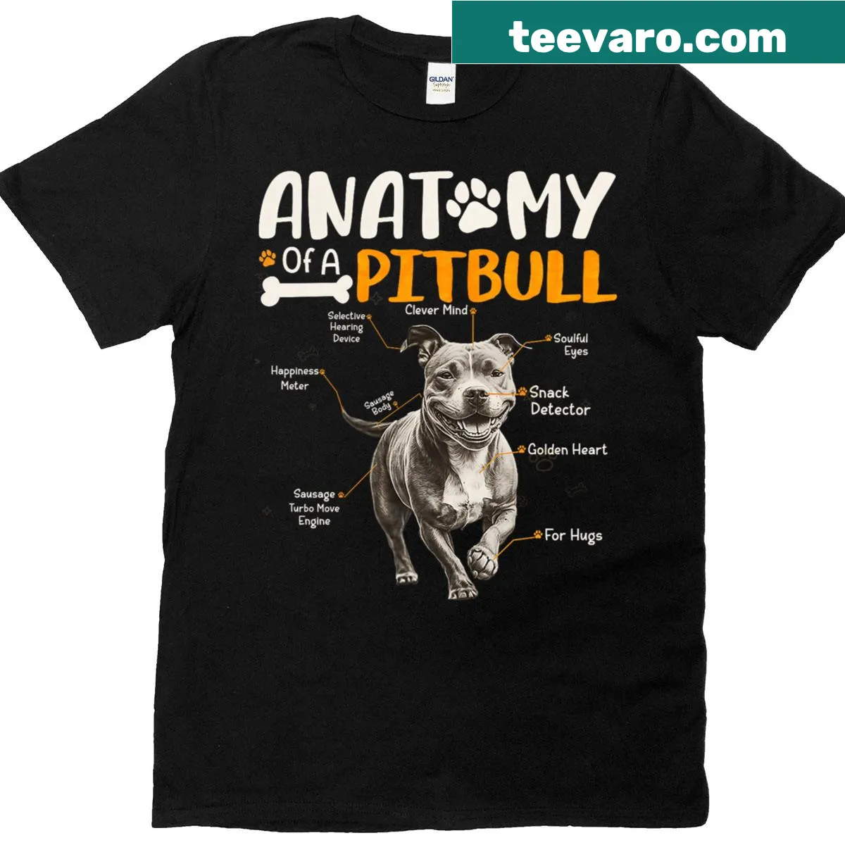 Illustrated tee featuring the anatomy of a pitbull dog. — on a men's t-shirt