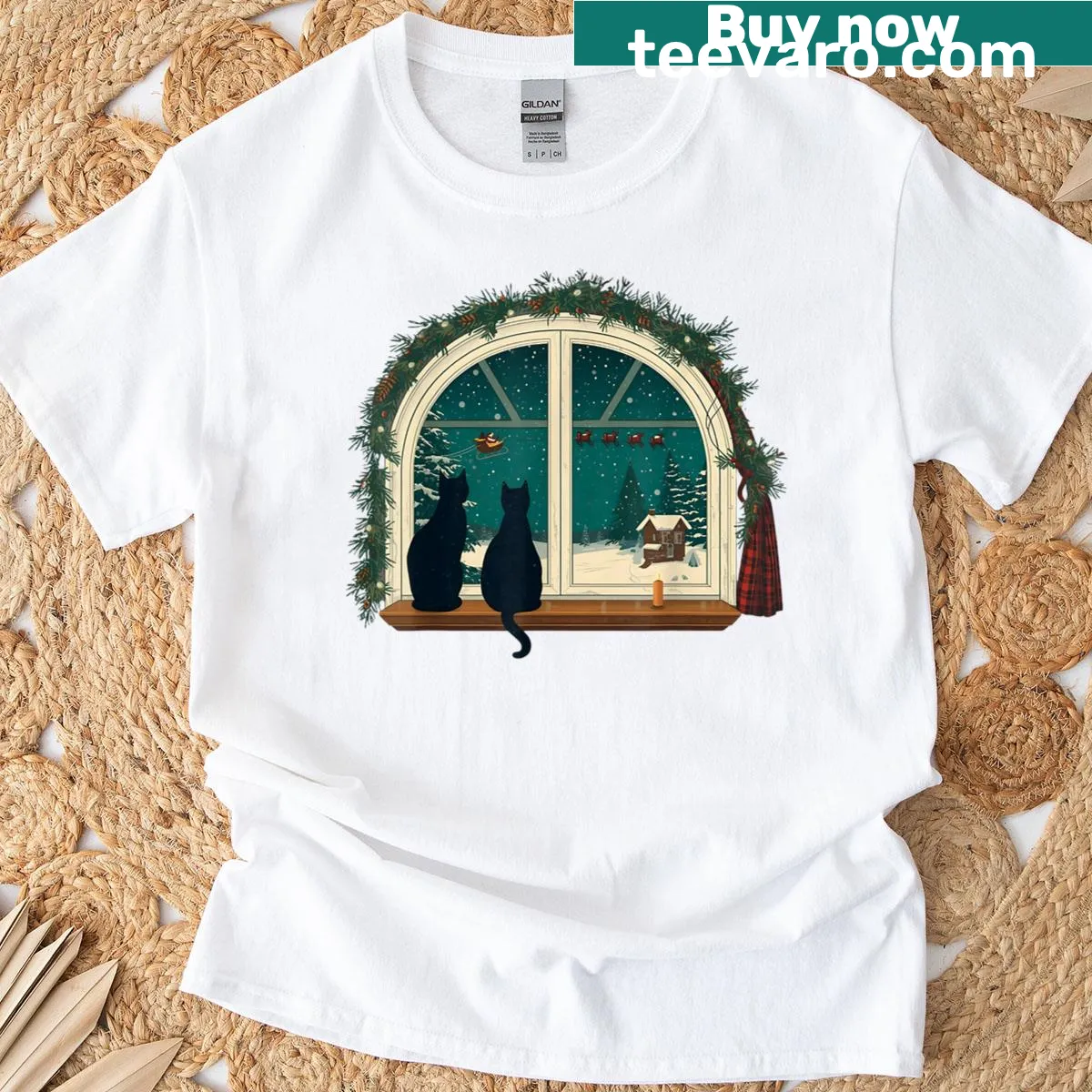 Cute cat in Christmas costume graphic T-shirt — on a men's t-shirt