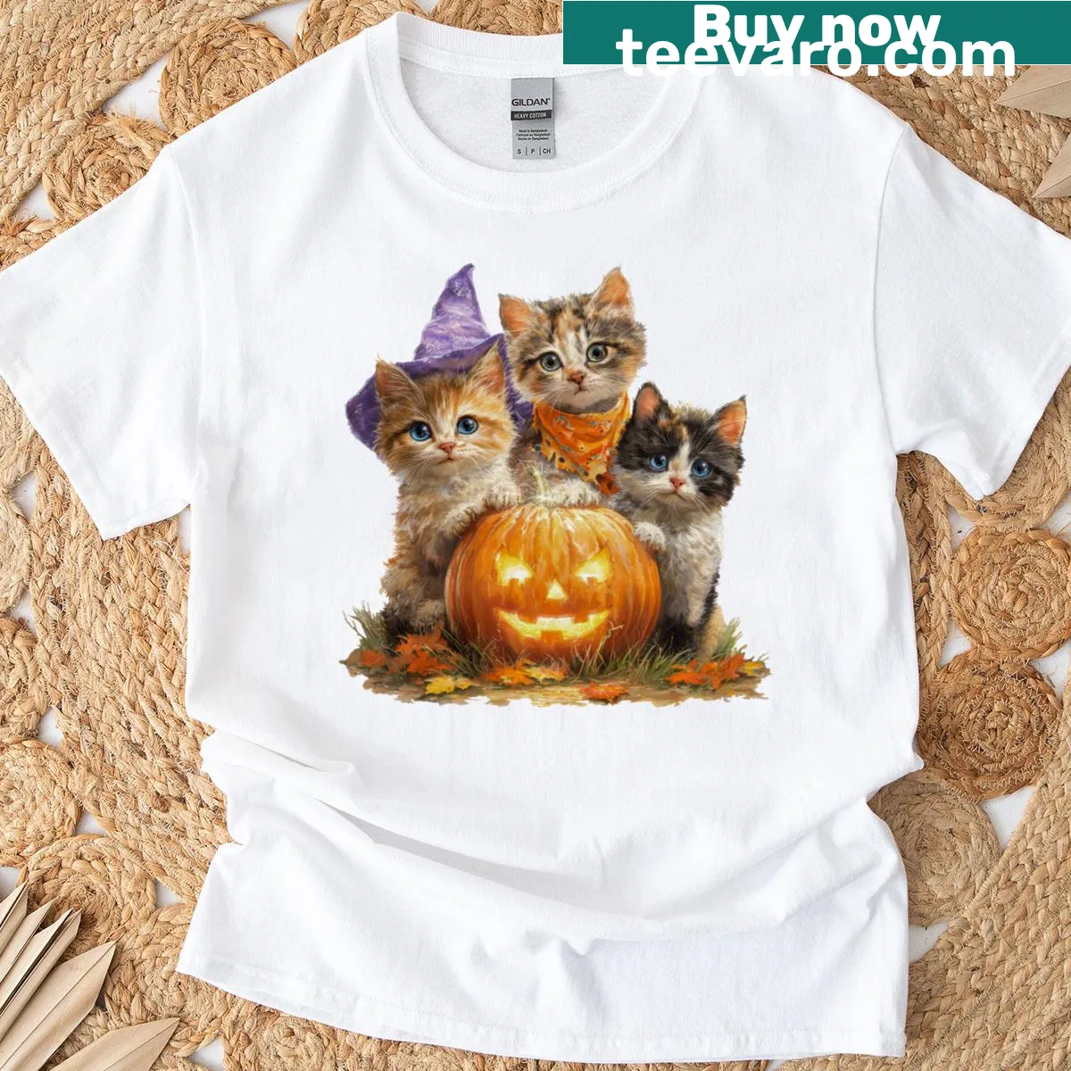 Vintage kittens and pumpkins Halloween graphic T-shirt — on a men's t-shirt