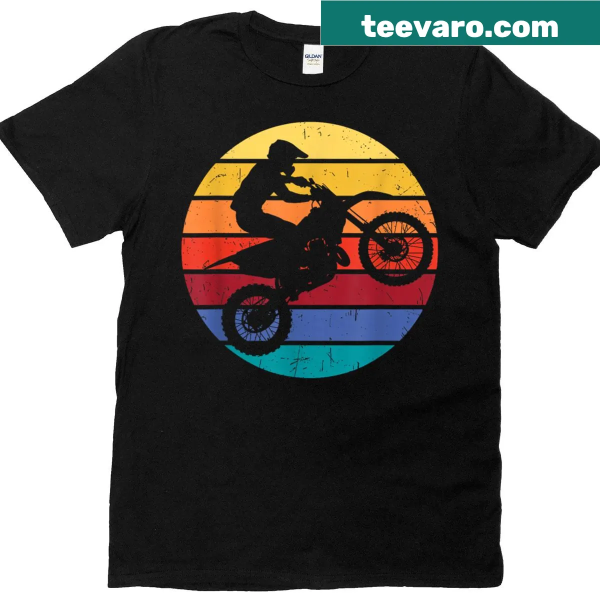 Illustration of a motocross racer against a sunset backdrop — on a men's t-shirt