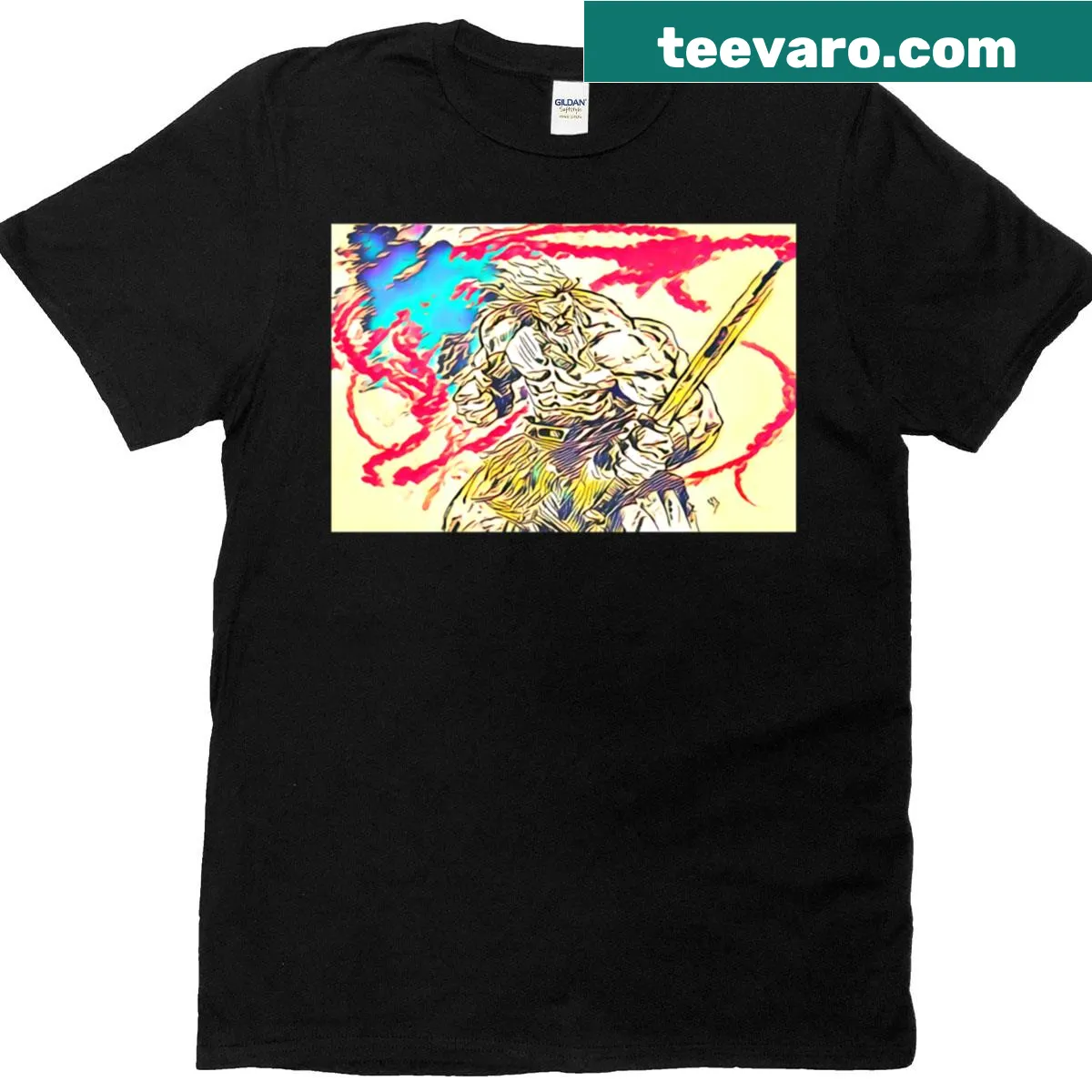 Pop art illustration of a warrior with sword on a T-shirt — on a men's t-shirt