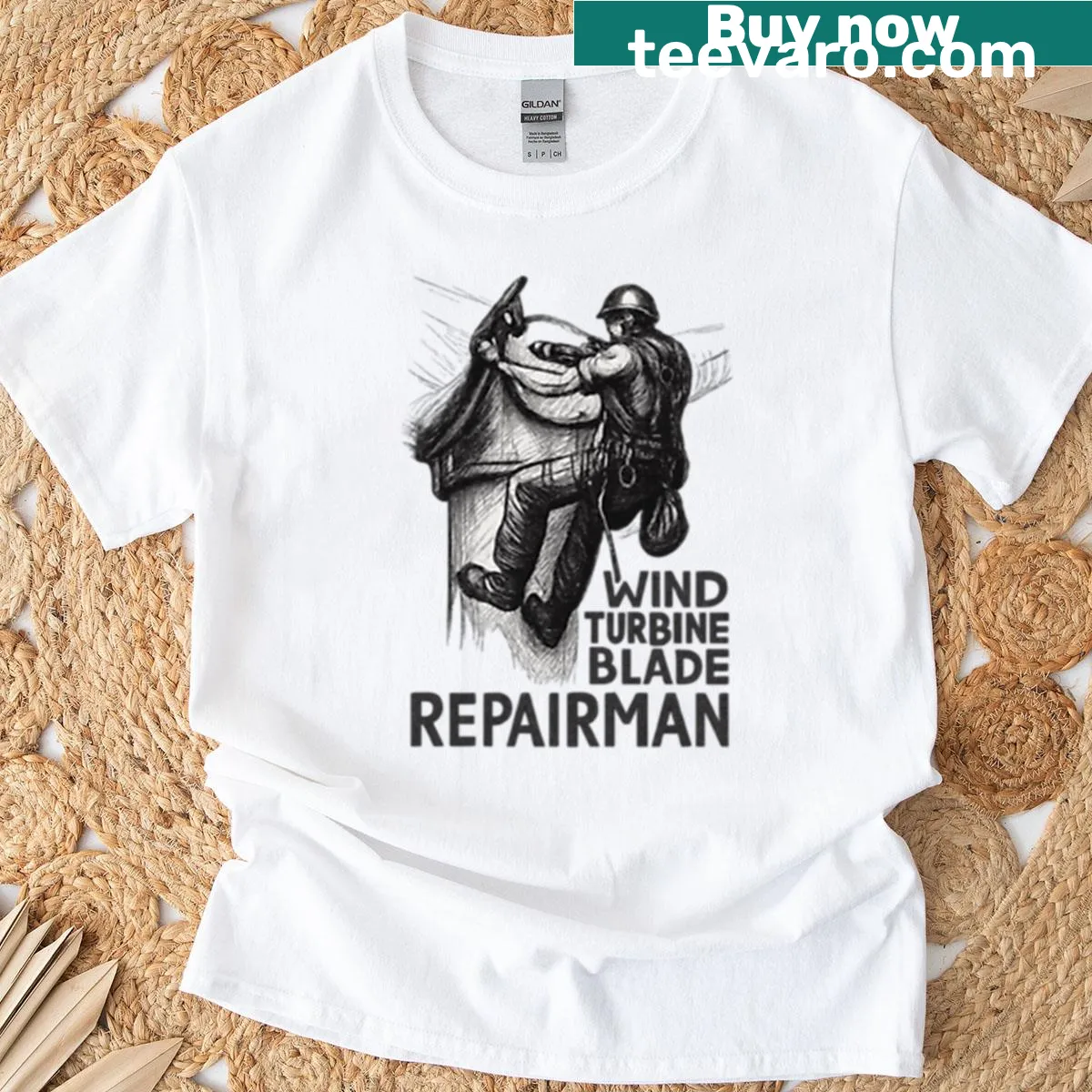 Industrial sketch design of a wind turbine blade repairman on a t-shirt — on a men's t-shirt