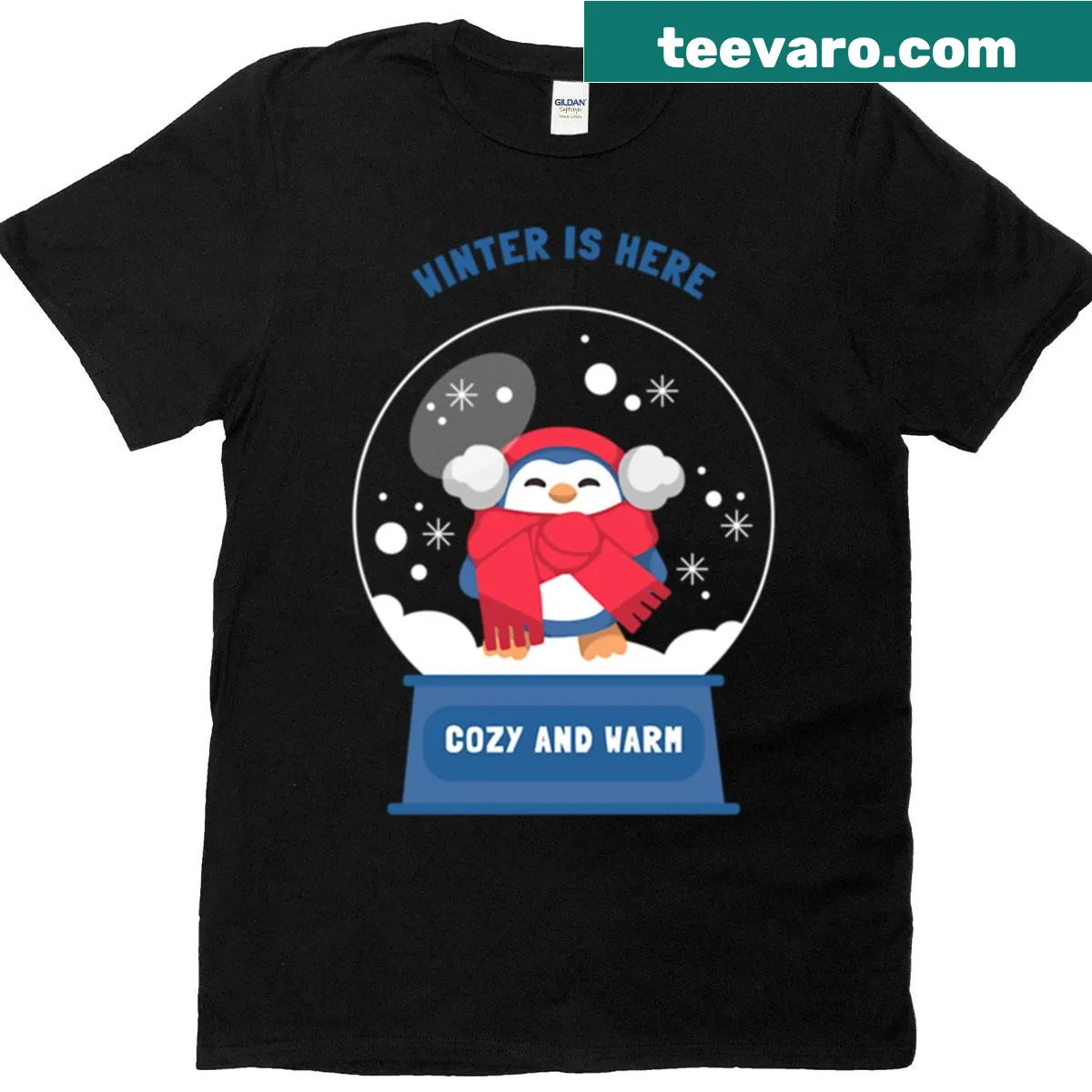 Warm T-shirt with the phrase 'Winter Is Here' for cozy wear — on a men's t-shirt