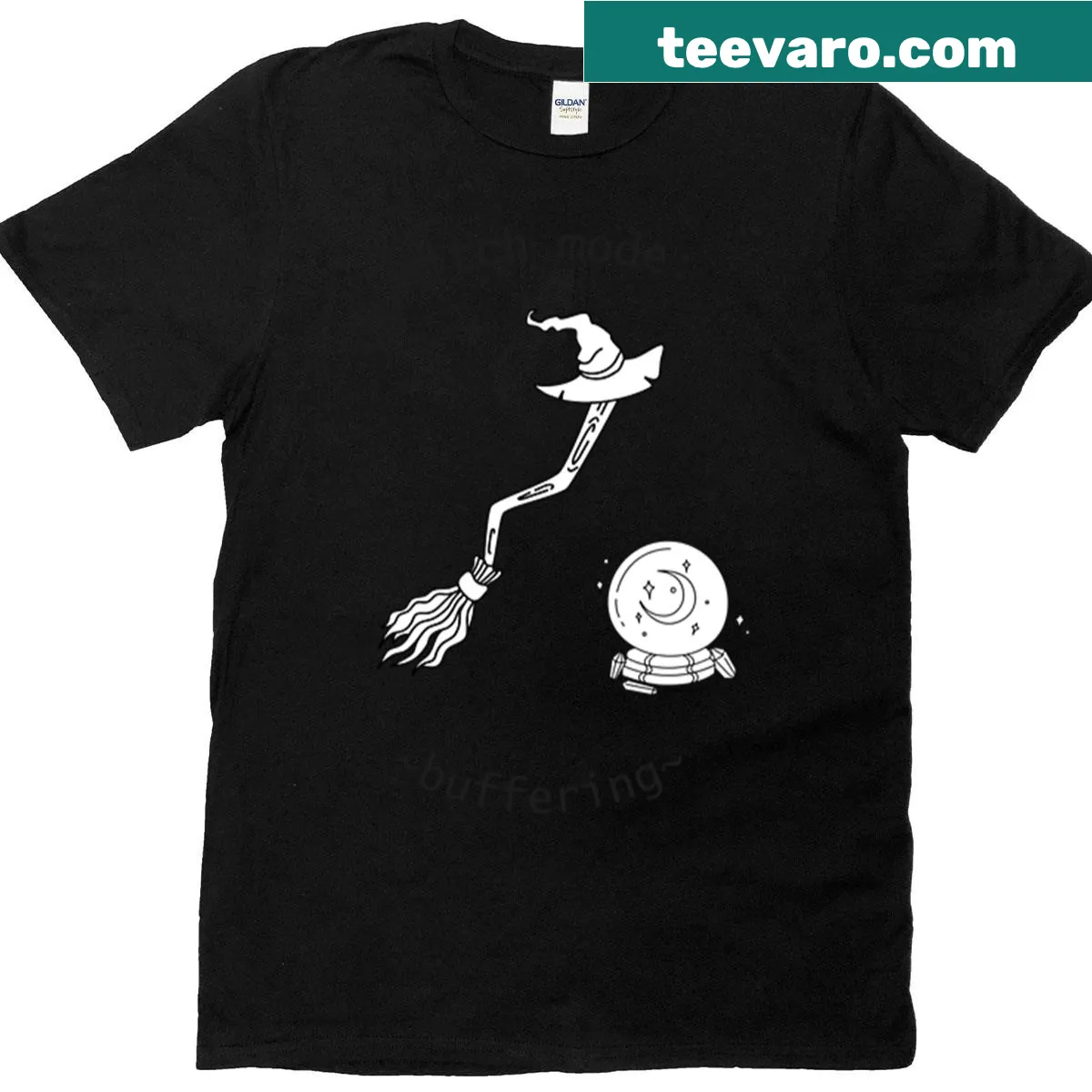 Funny shirt design with witchy buffering graphic — on a men's t-shirt