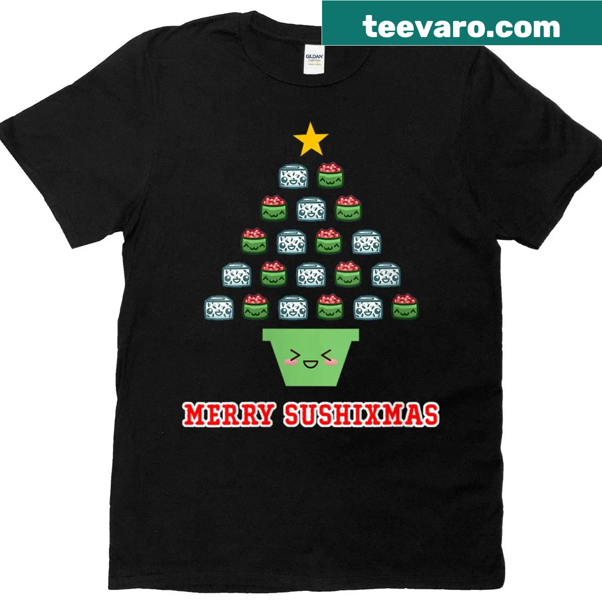 Cute Christmas T-shirt featuring sushi rolls with festive decorations — on a men's t-shirt