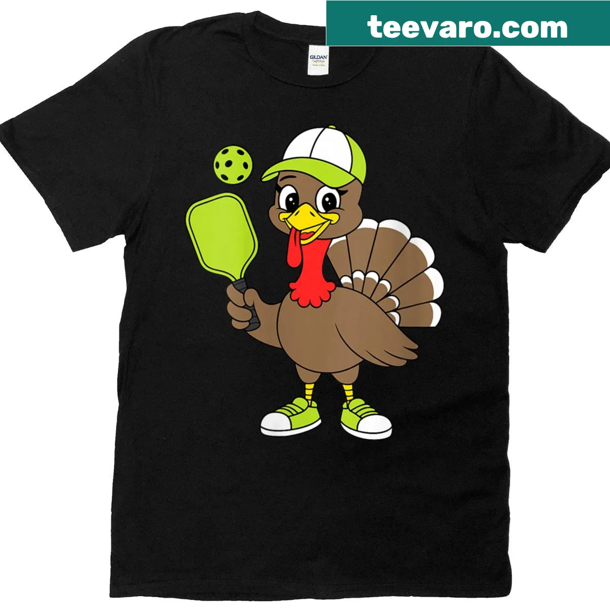 Thanksgiving T-shirt with a cartoon turkey wearing a pilgrim hat and holding a pickleball racket — on a men's t-shirt
