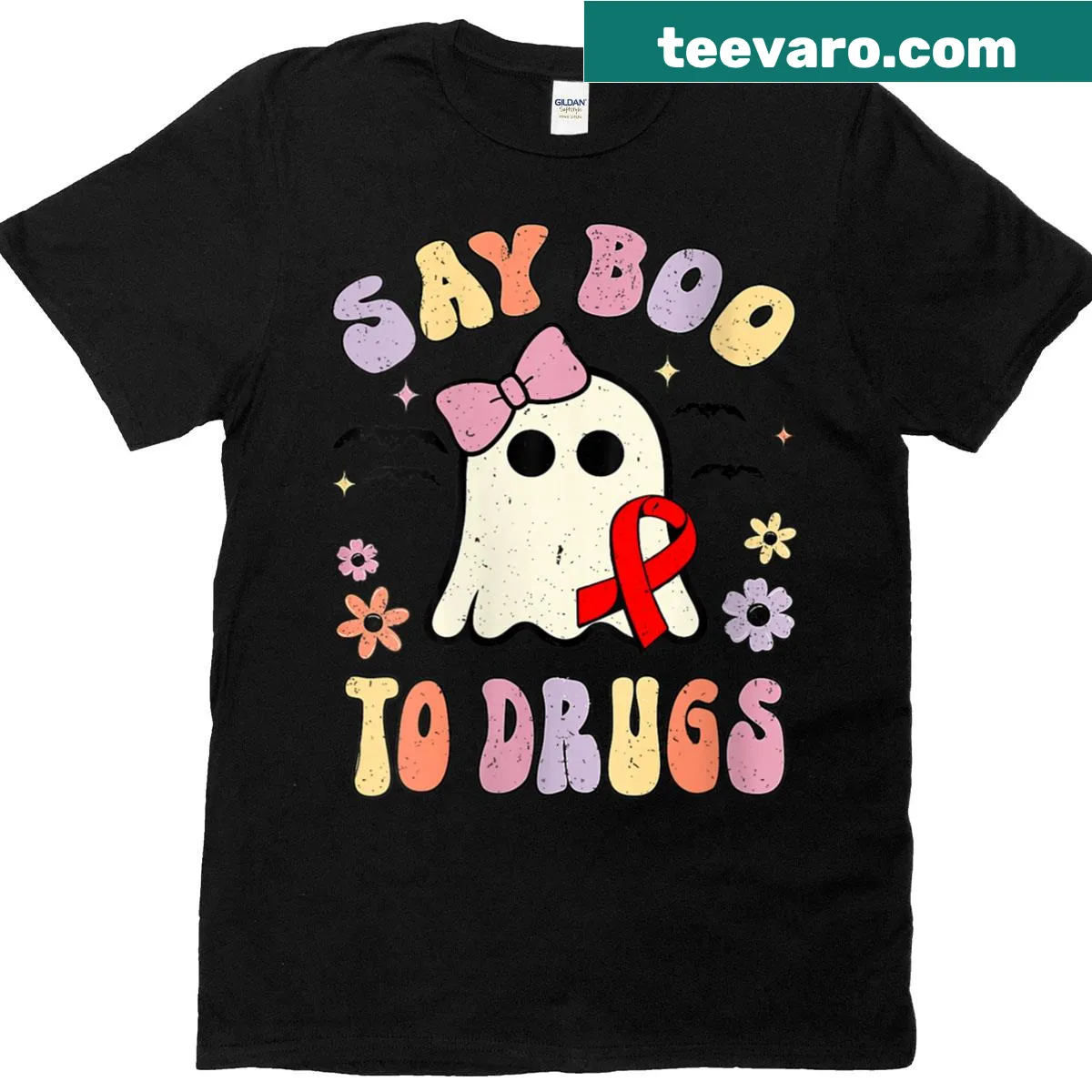 Funny Halloween T-shirt with 'Say Boo To Drugs' text — on a men's t-shirt