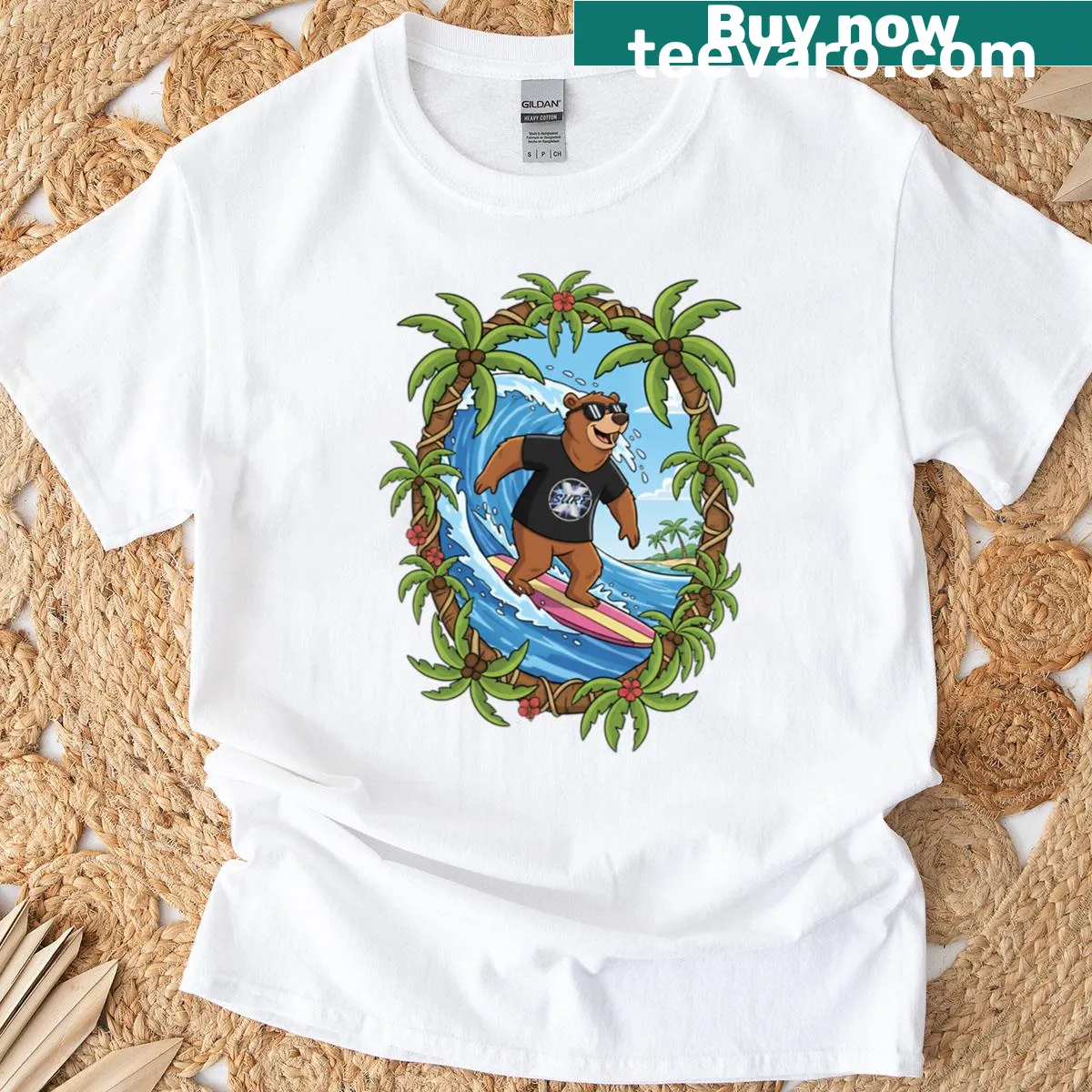 Whimsical bear surfing graphic T-shirt — on a men's t-shirt