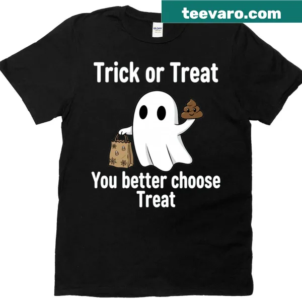 Halloween t-shirt with ghost graphic and 'You Better Choose Treat' text