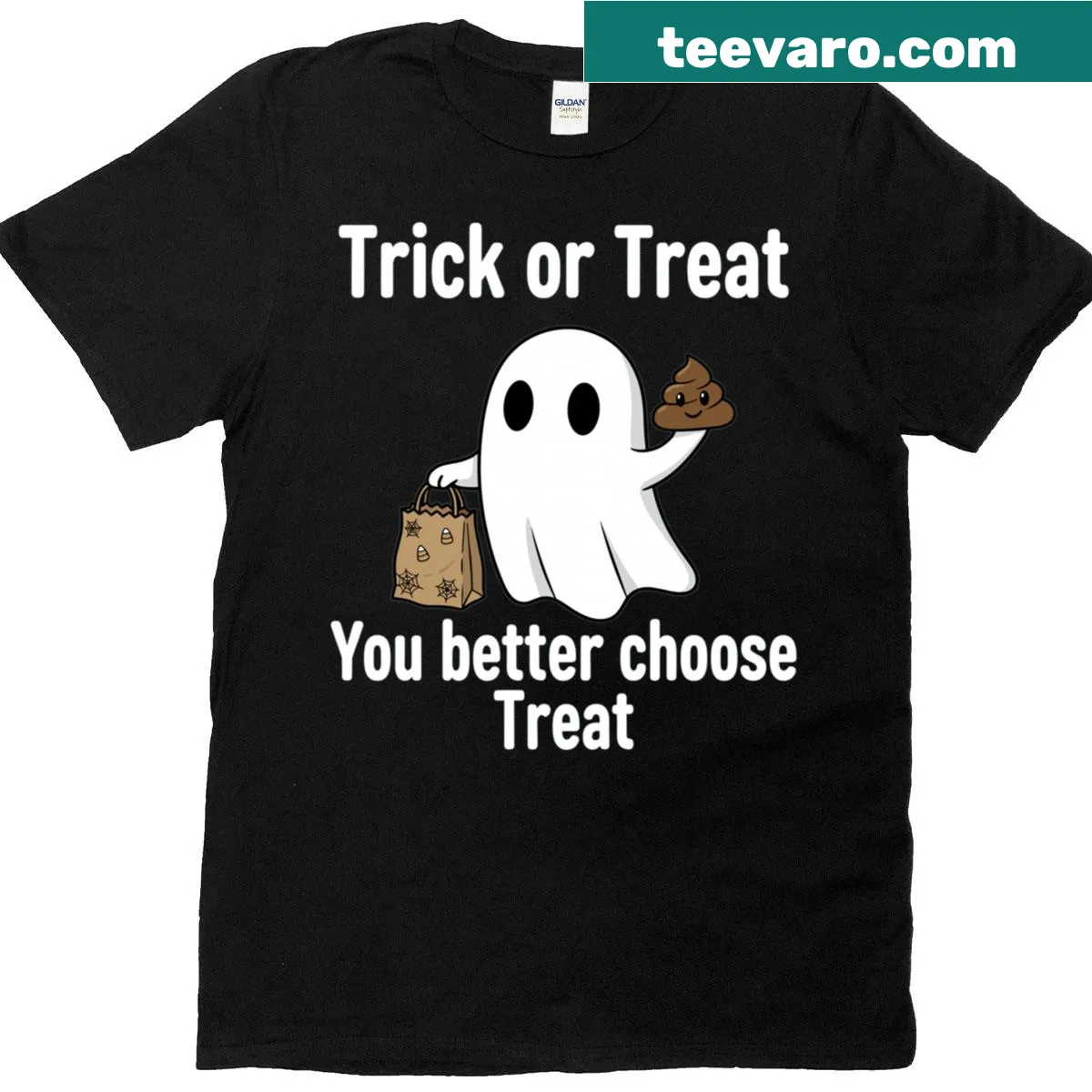 Halloween t-shirt with ghost graphic and 'You Better Choose Treat' text — on a men's t-shirt