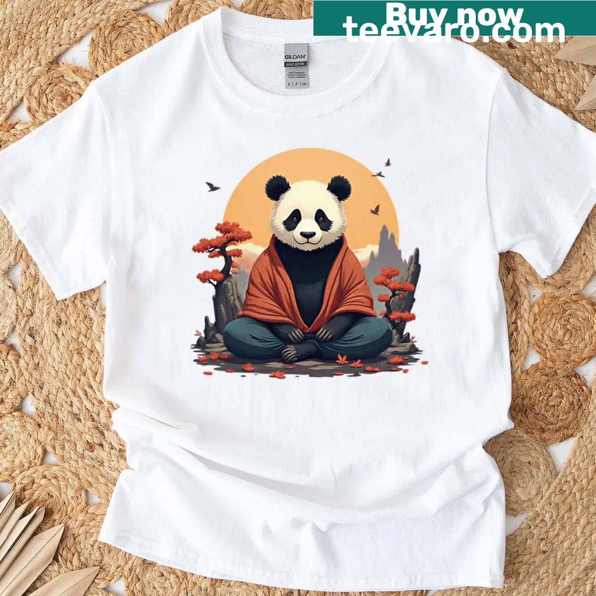Minimalist T-shirt featuring a Zen panda illustration — on a men's t-shirt