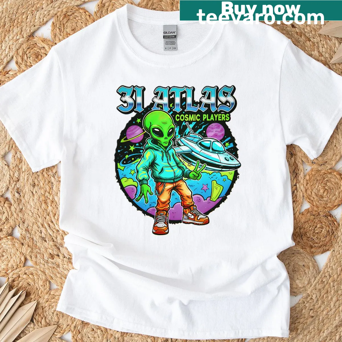 Urban sci-fi T-shirt with alien graphic and cosmic theme — on a men's t-shirt
