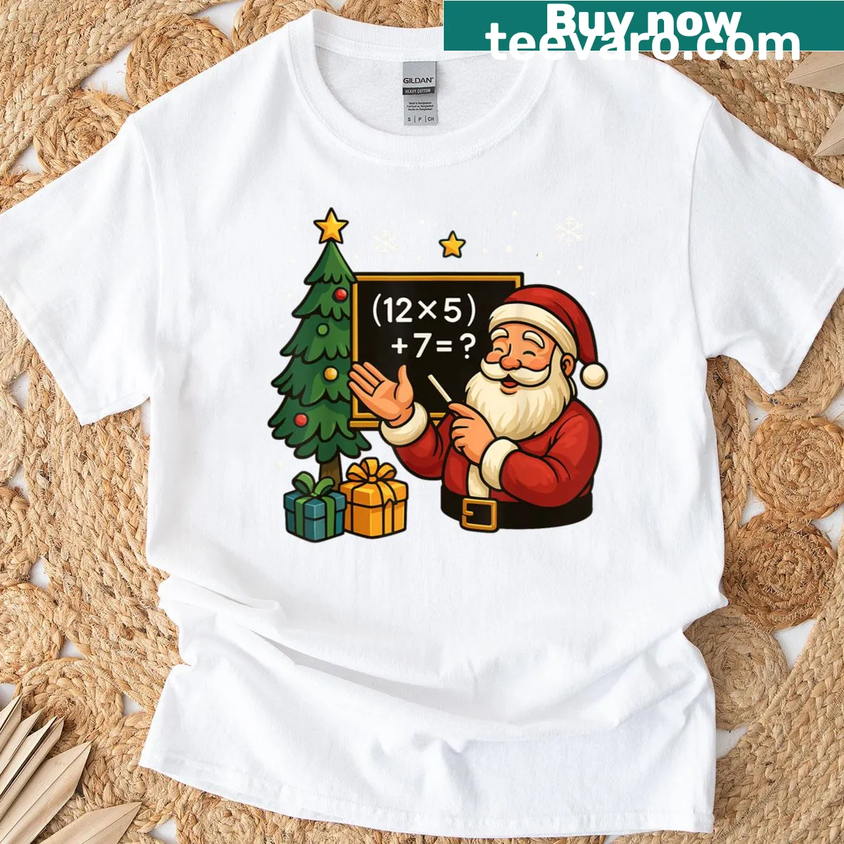 Funny Christmas t-shirt for teachers featuring Santa and math memes — on a men's t-shirt