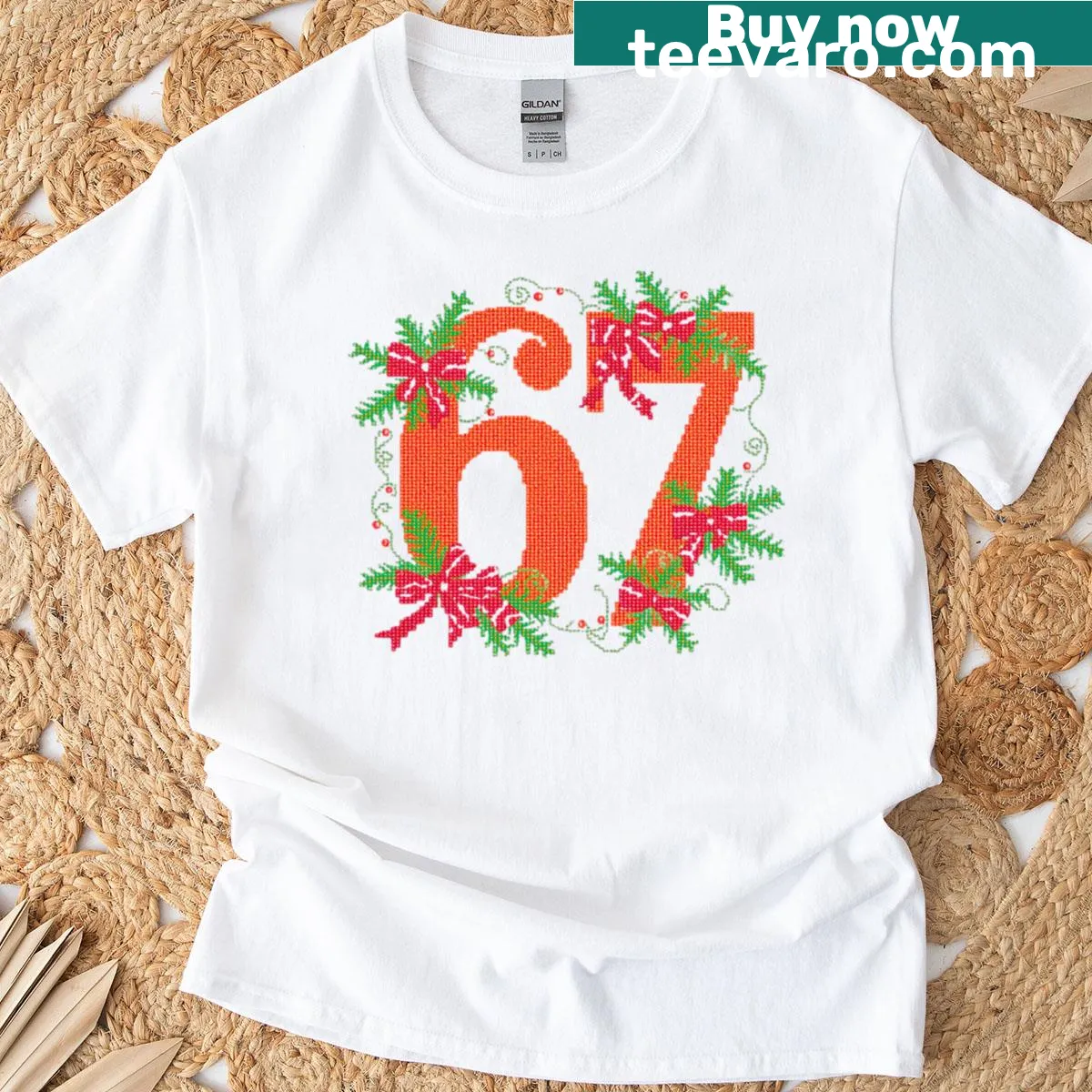 Retro tropical-style Christmas t-shirt with needlepoint design. — on a men's t-shirt