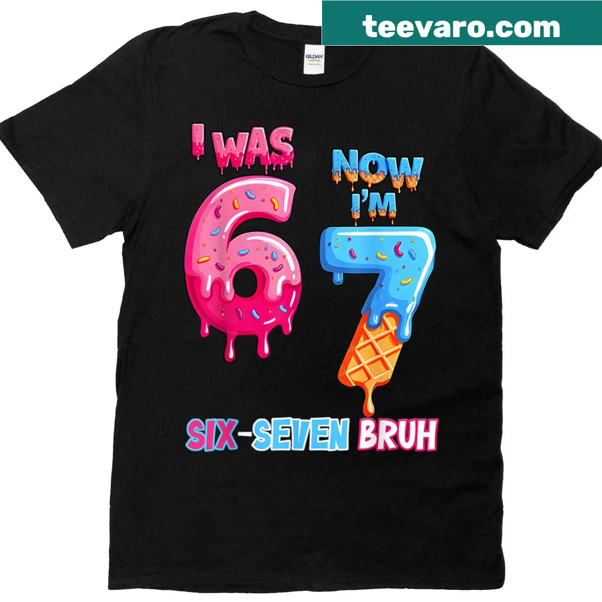 Birthday T-shirt with ice cream drip design celebrating turning 7 — on a men's t-shirt