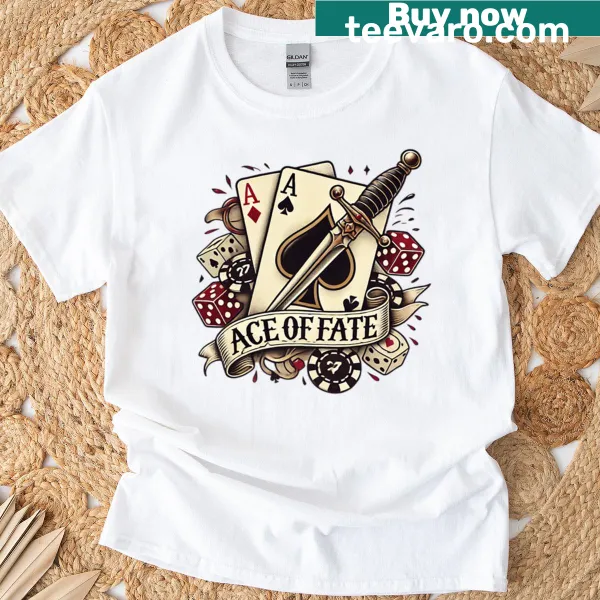 Vintage tattoo-style playing card T-shirt featuring swords and dice