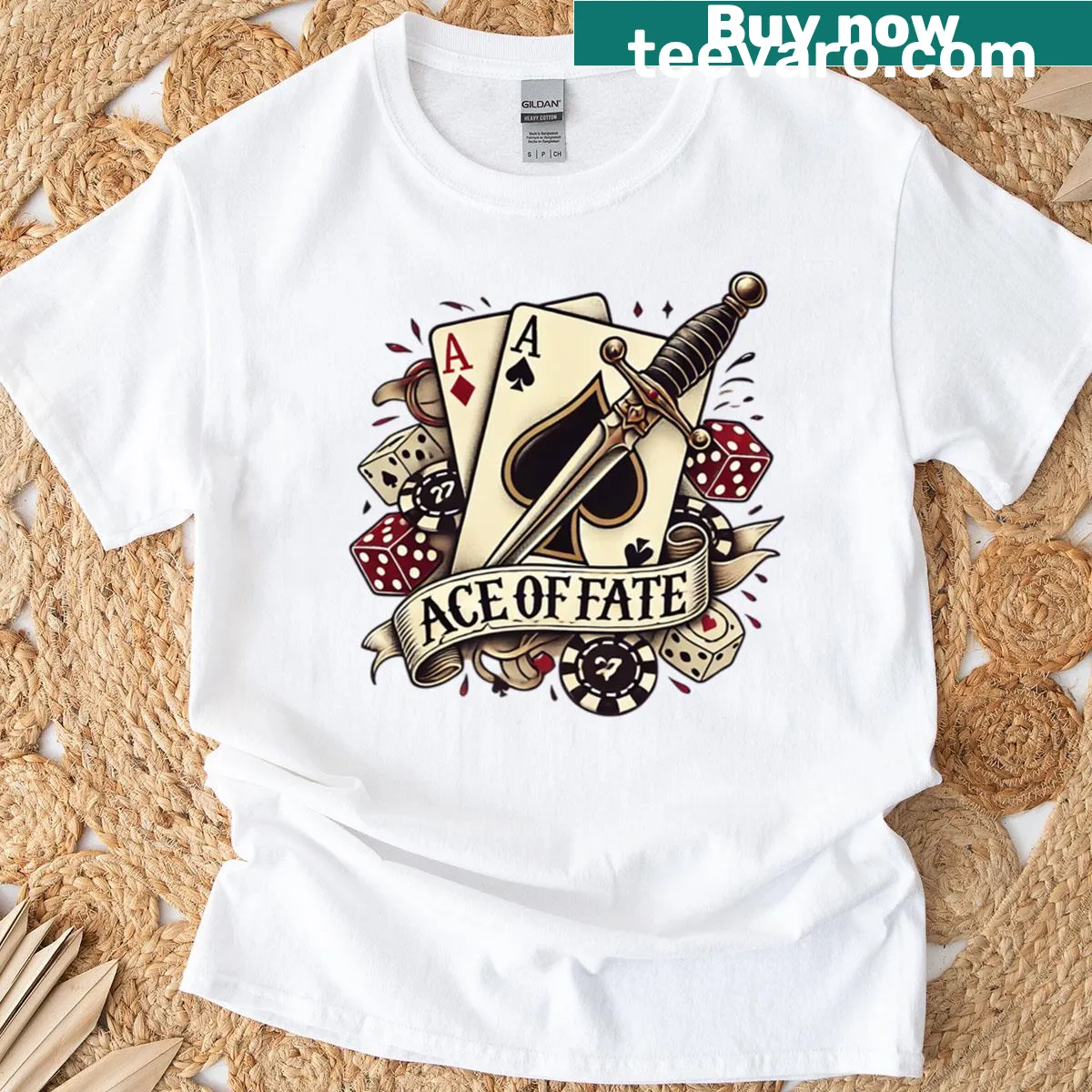 Vintage tattoo-style playing card T-shirt featuring swords and dice — on a men's t-shirt