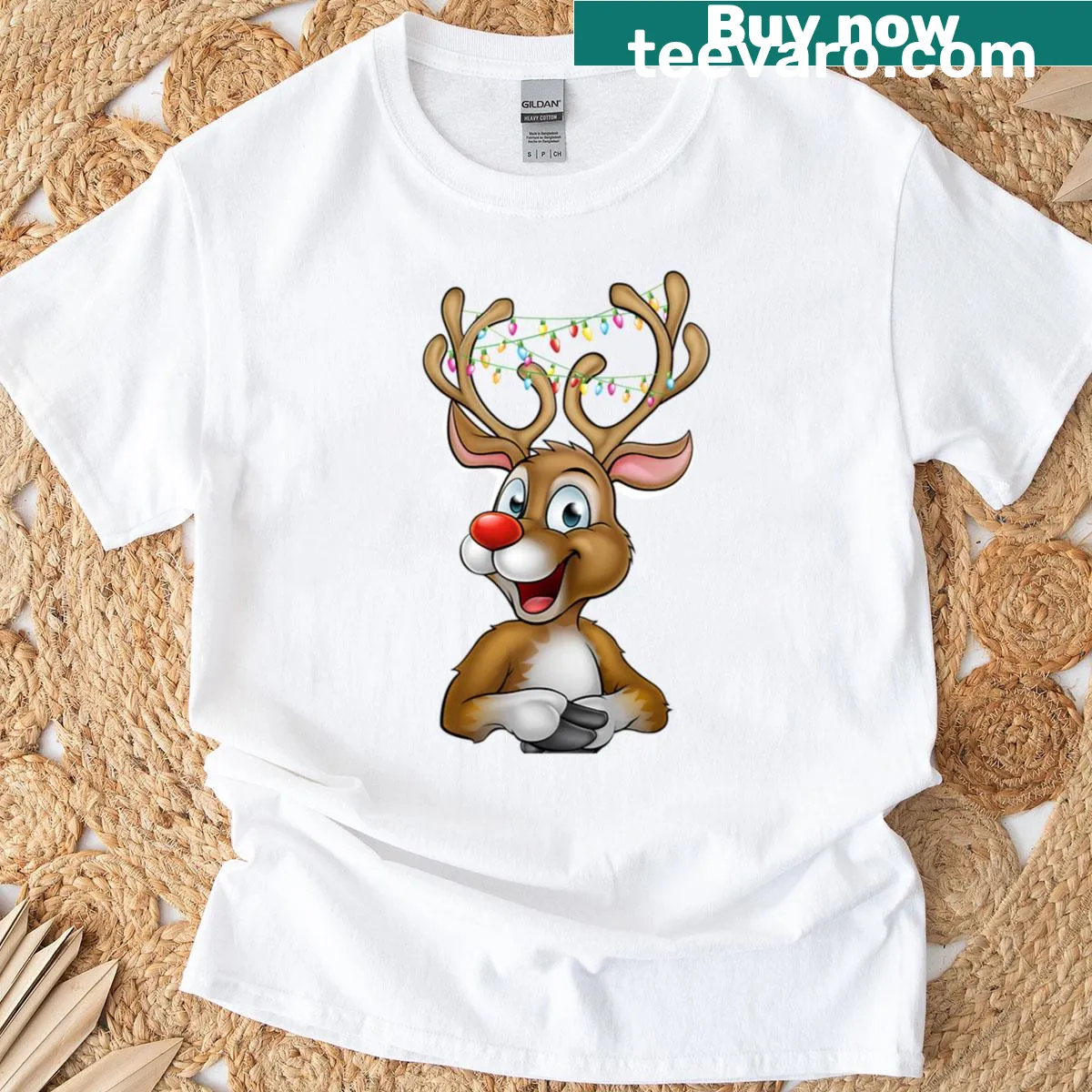 Cute cartoon reindeer T-shirt for the holiday season — on a men's t-shirt