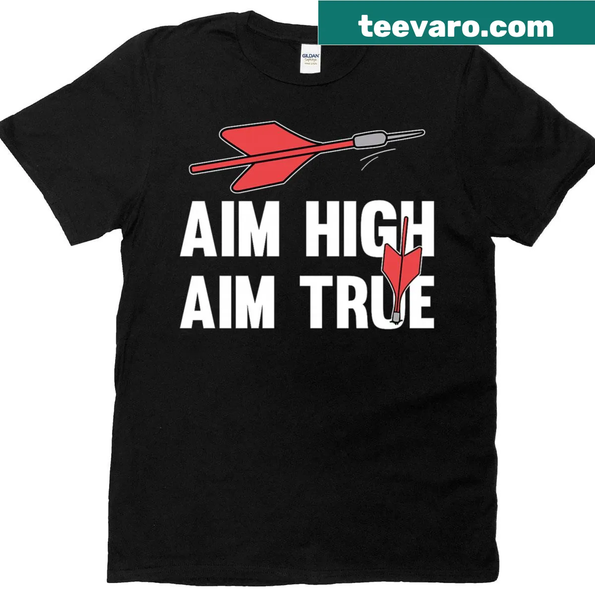 Inspirational T-shirt with 'Aim High Aim True' text and lawn darts design — on a men's t-shirt