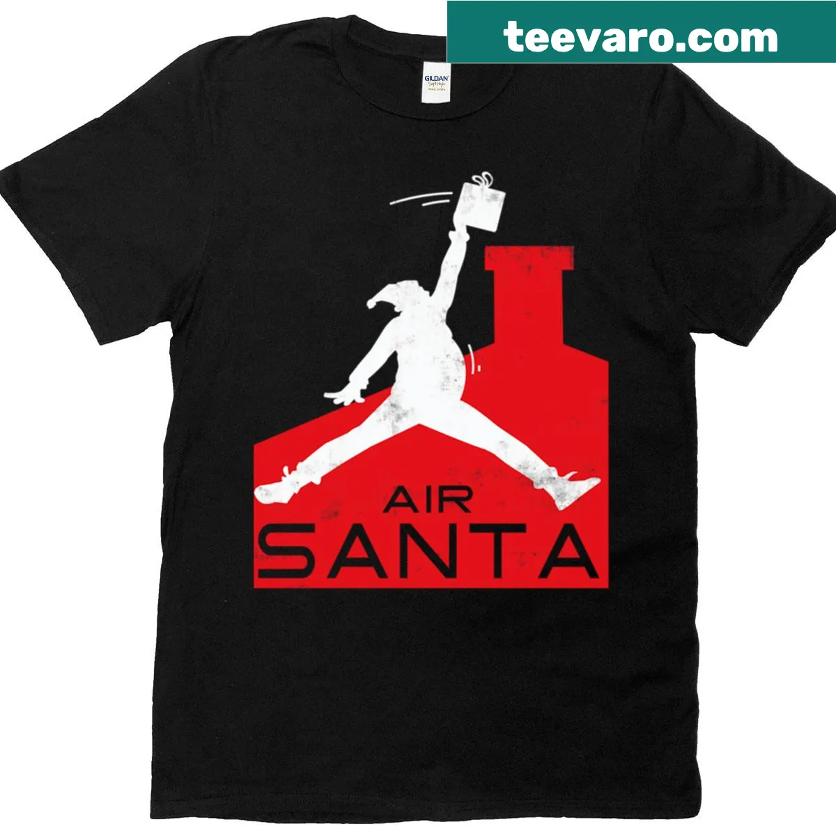 Funny Christmas t-shirt featuring Air Santa in a basketball pose — on a men's t-shirt