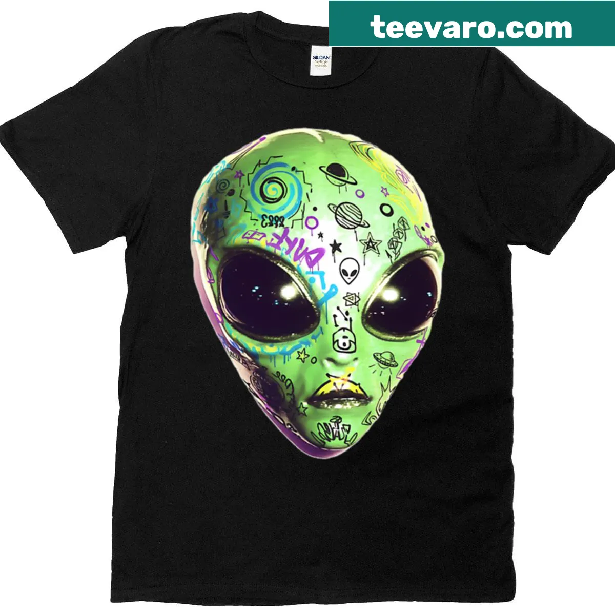 Pop art T-shirt with alien graffiti design — on a men's t-shirt