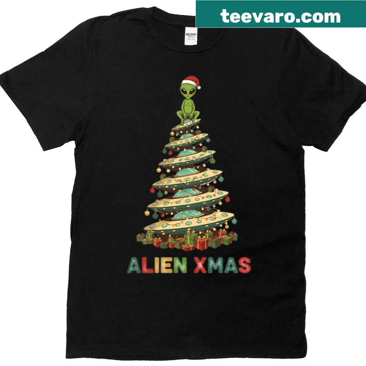 Edgy T-shirt featuring an alien-themed illustration for Christmas. — on a men's t-shirt