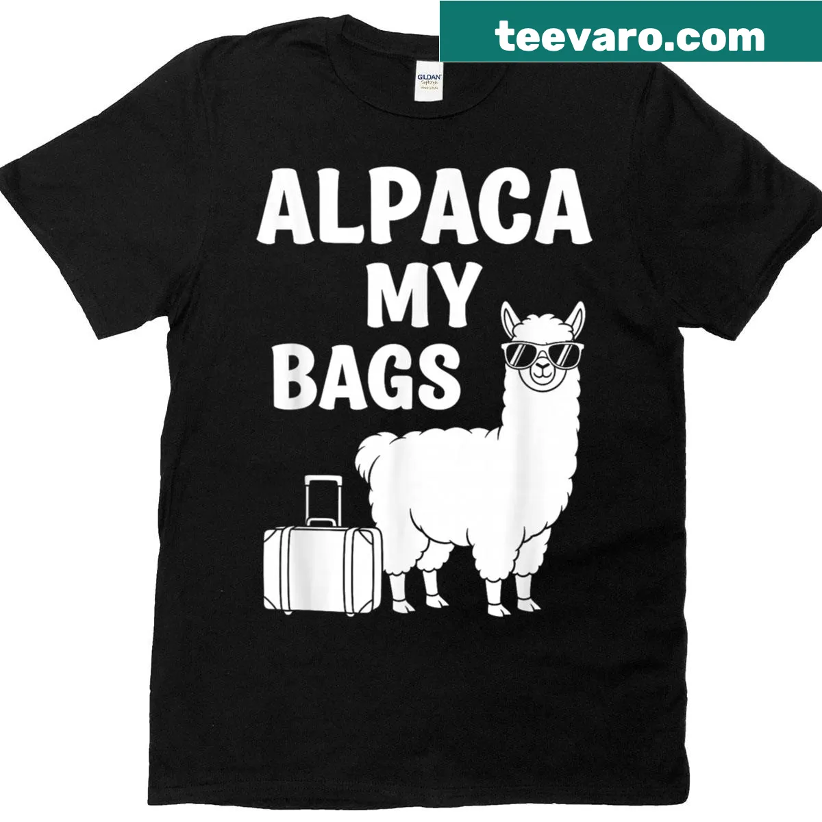 Humorous travel-themed T-shirt with alpaca graphic — on a men's t-shirt