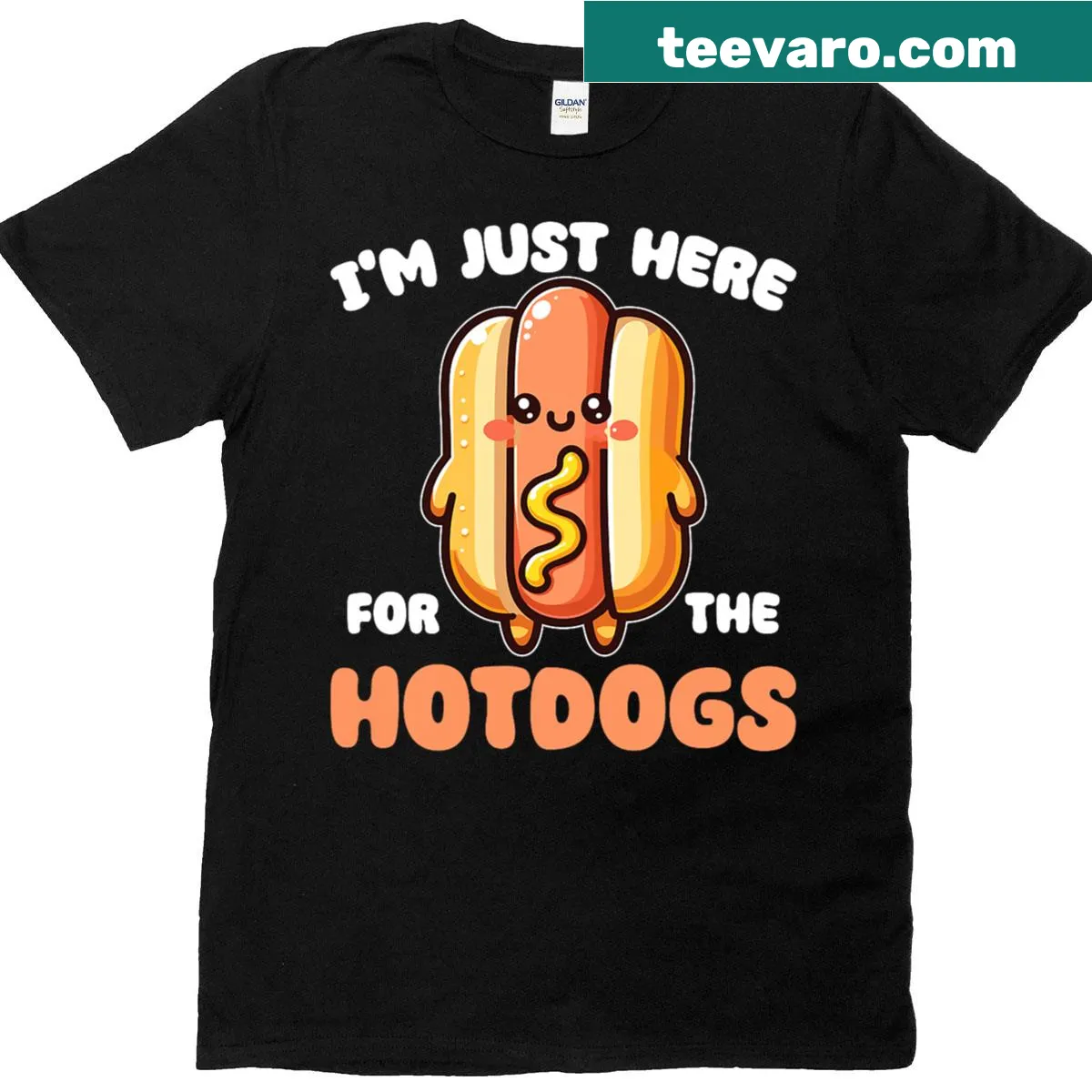 Kawaii hotdogs graphic t-shirt celebrating American food — on a men's t-shirt