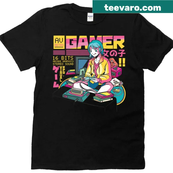 Illustrated graphic of a gamer girl on a t-shirt