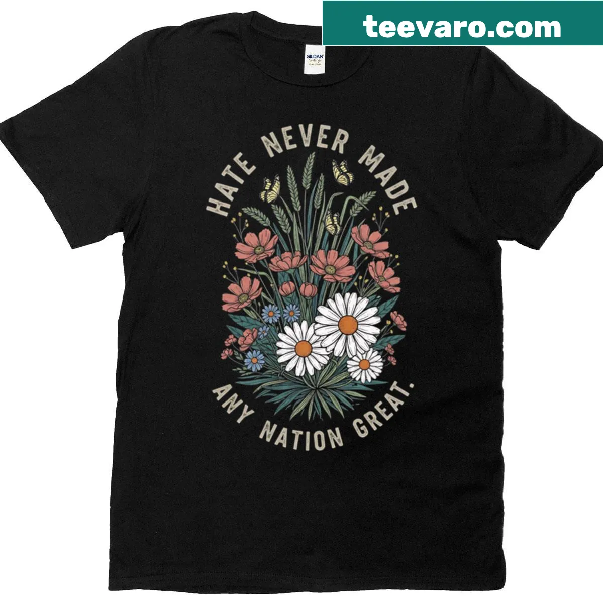 Floral bouquet design with anti-hate message on t-shirt — on a men's t-shirt