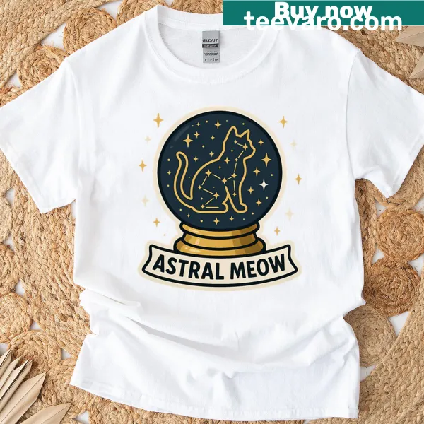 Illustrated T-shirt featuring a cat constellation in a crystal ball