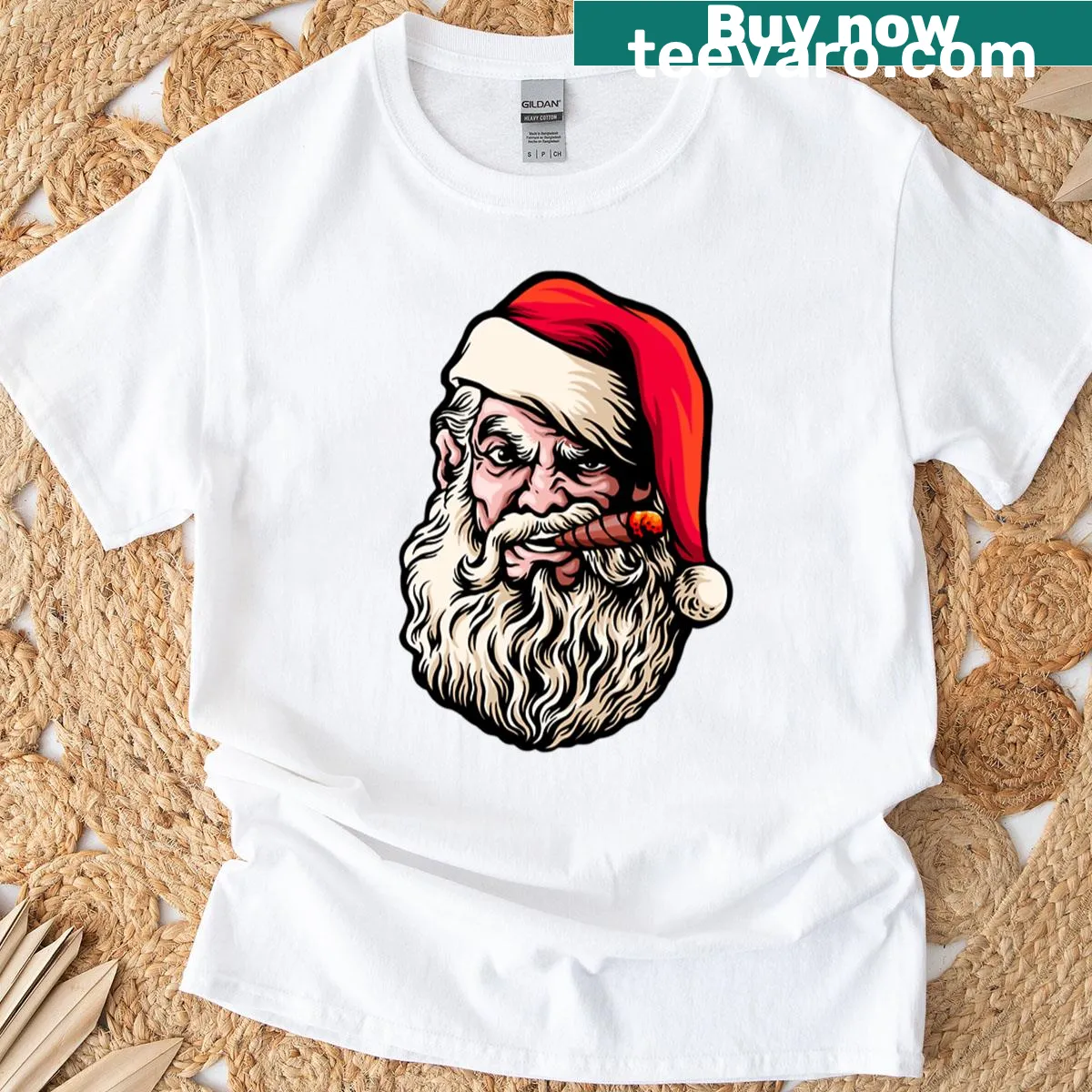 Edgy Santa smoking a cigar on a graphic t-shirt — on a men's t-shirt