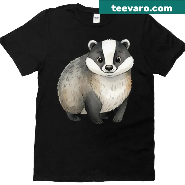 T-shirt featuring an illustration of badgers in a forest setting