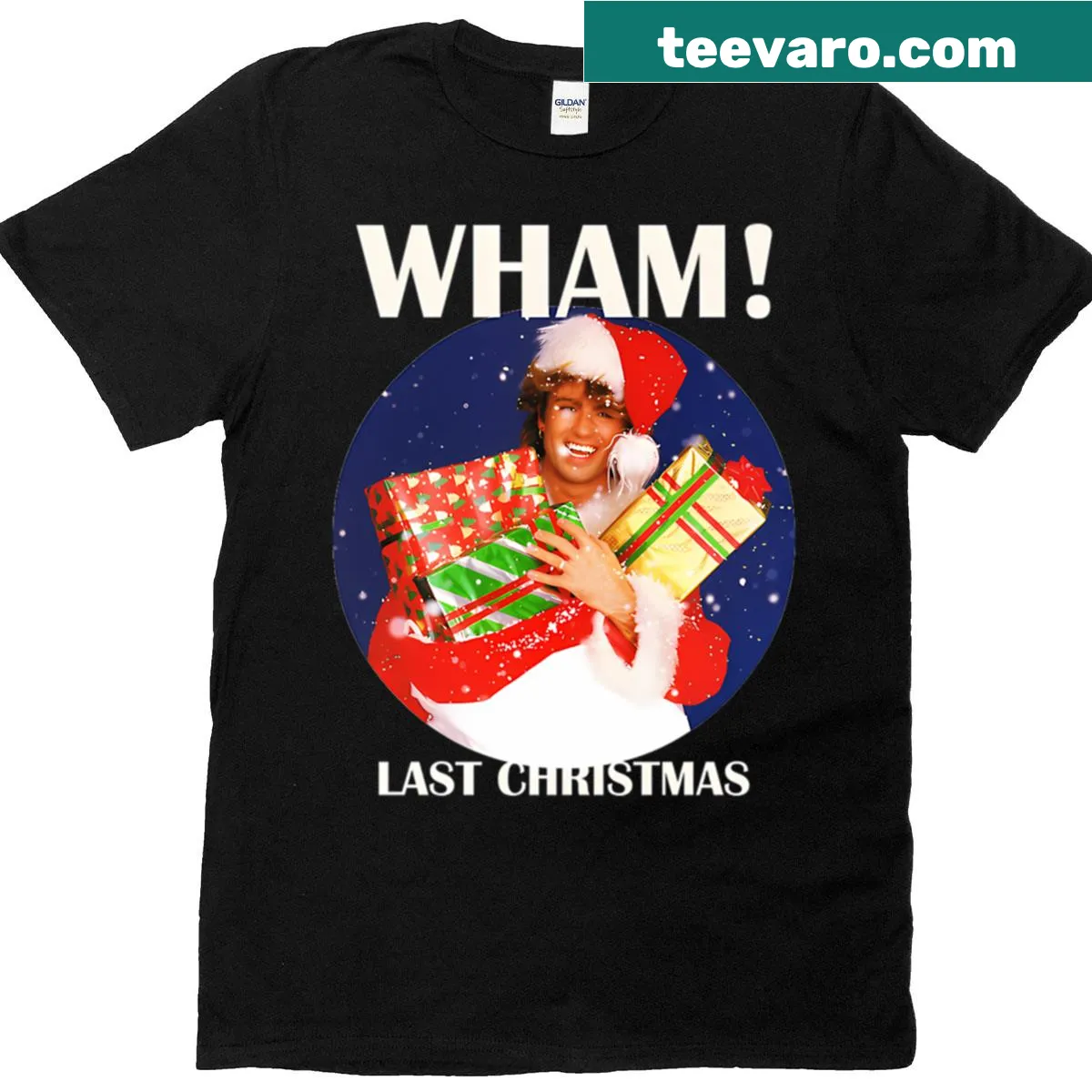 Vintage holiday T-shirt with 90s band-inspired design — on a men's t-shirt