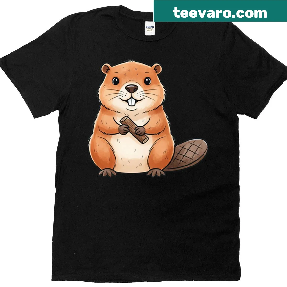 Illustrated beaver in its forest habitat on a t-shirt — on a men's t-shirt