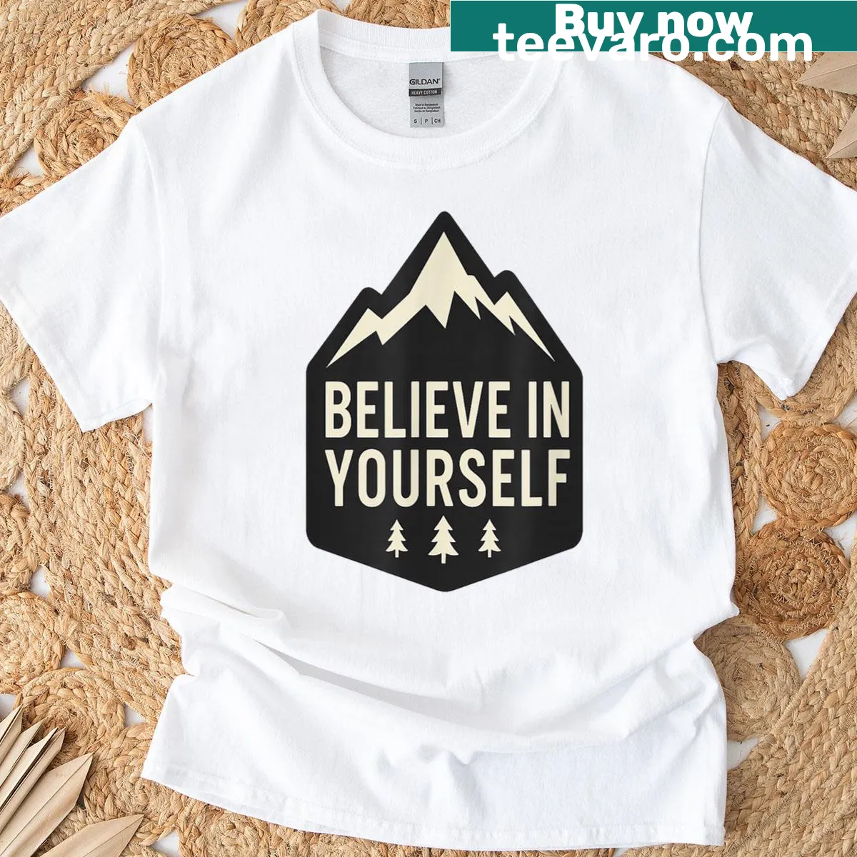 Motivational T-shirt with 'Believe In Yourself' and mountain ridge design — on a men's t-shirt
