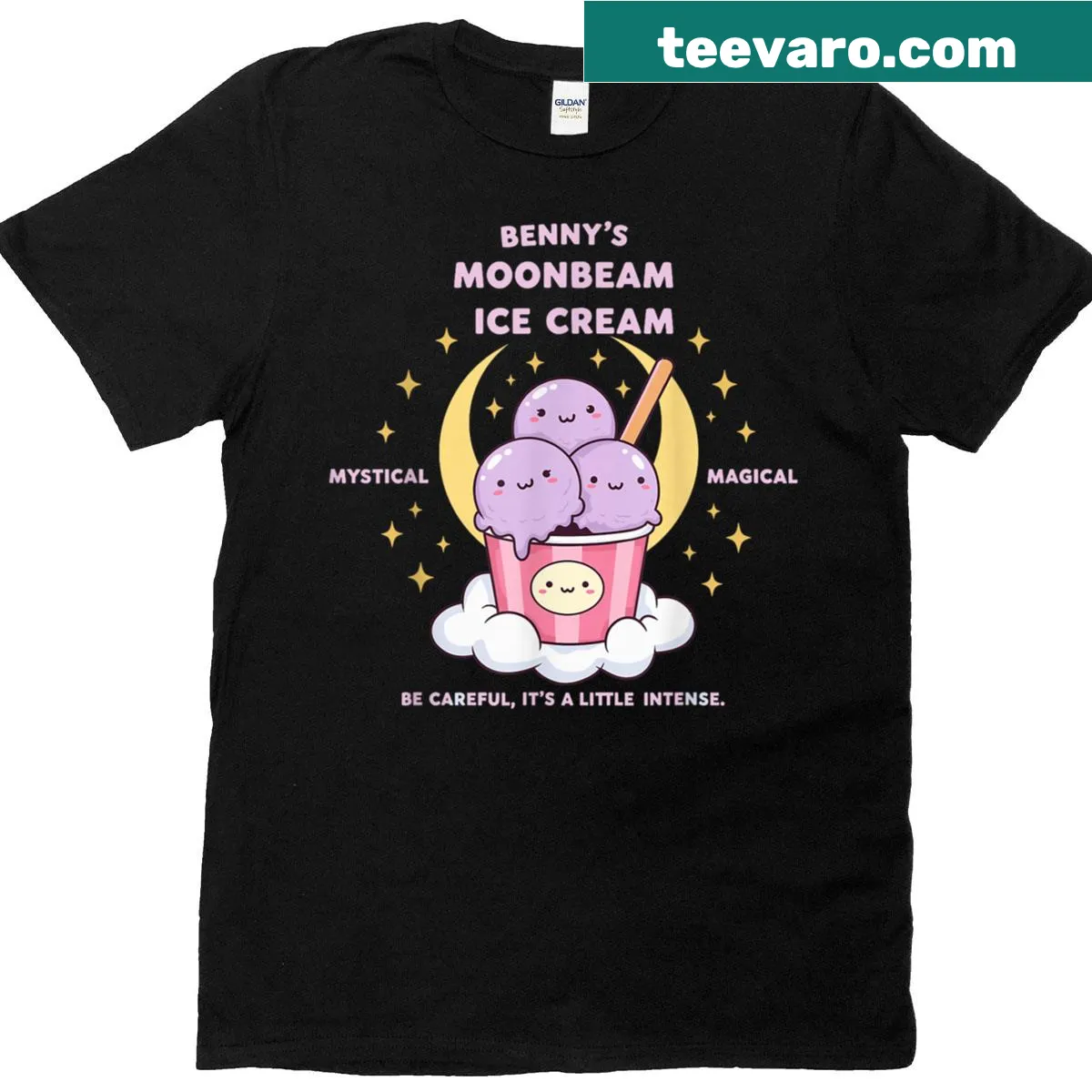Whimsical ice cream-themed t-shirt with 'Benny's Moonbeam' design — on a men's t-shirt