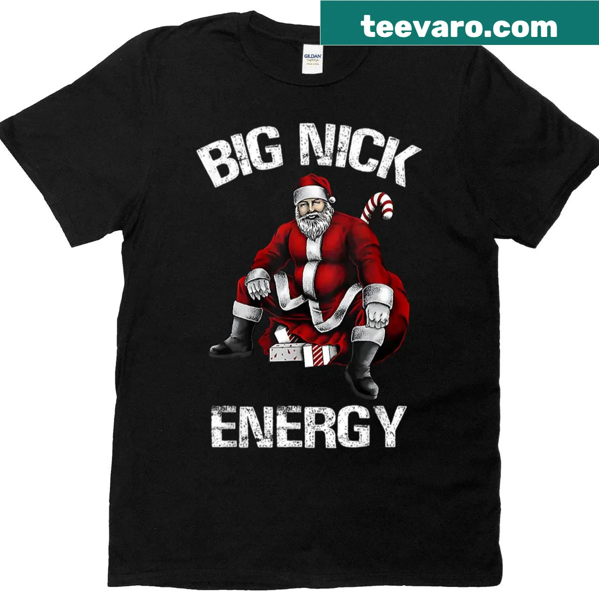 Playful Christmas t-shirt with Santa and 'Big Nick Energy' text — on a men's t-shirt