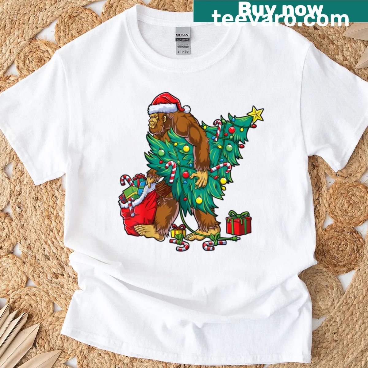 Bigfoot wearing Christmas lights illustration on a T-shirt — on a men's t-shirt