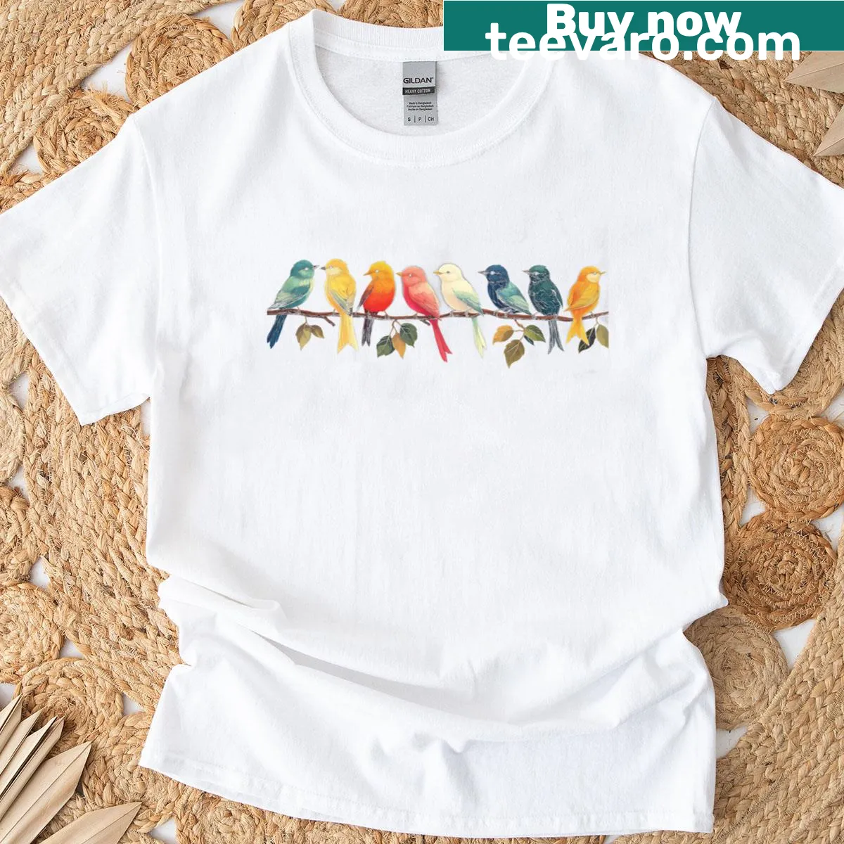 Illustration of birds on branches on a bird watching T-shirt — on a men's t-shirt