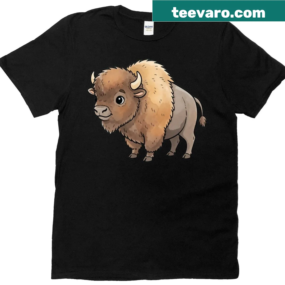 Bison illustration T-shirt in a forest setting — on a men's t-shirt