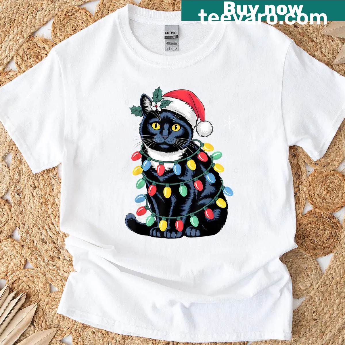 Funny black cat with Santa hat T-shirt for Christmas — on a men's t-shirt