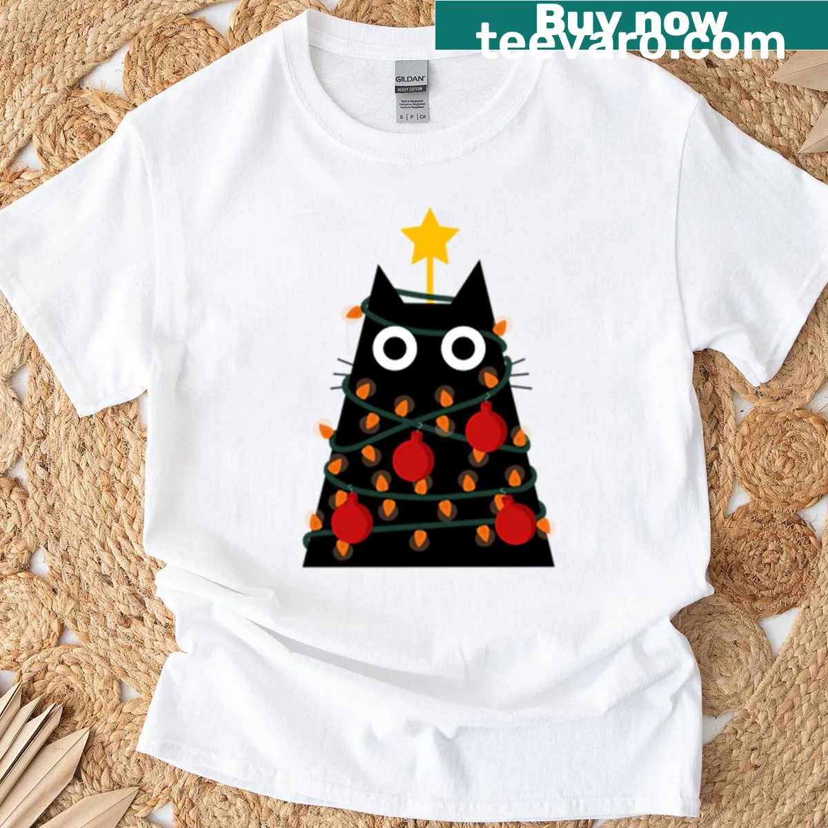 Illustration of a black cat tangled in Christmas tree lights — on a men's t-shirt