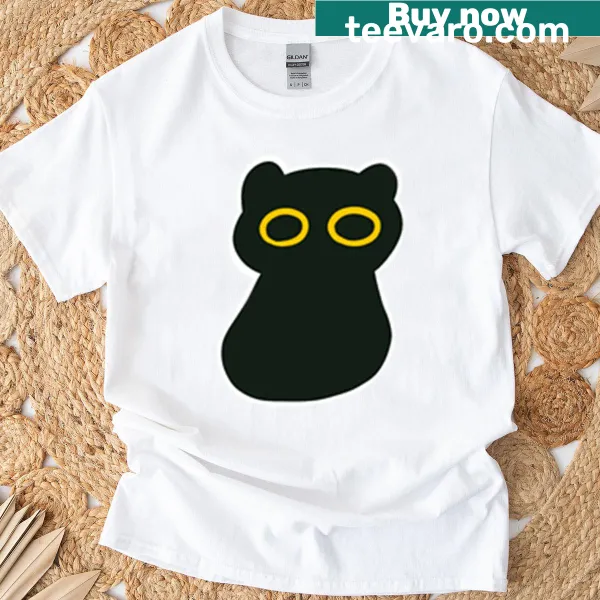 Black cat illustration with yellow eyes on a T-shirt