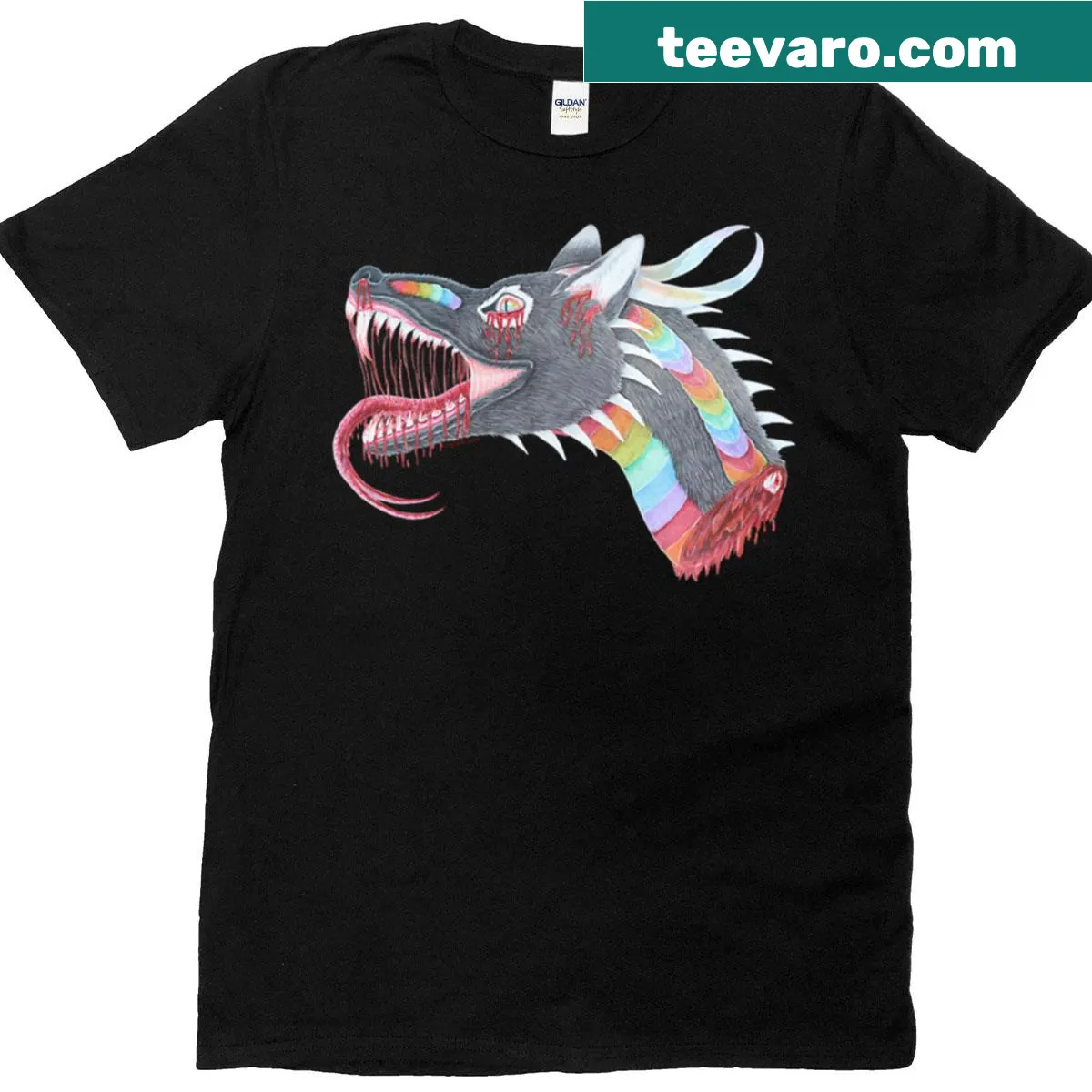 Abstract typography t-shirt featuring blood and rainbows graphic — on a men's t-shirt